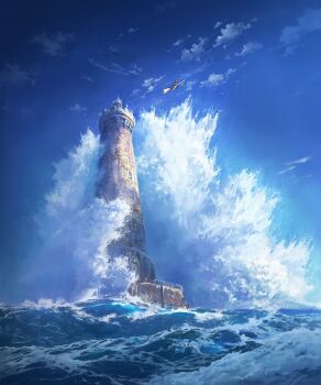 1girl blue_sky blue_theme broom broom_riding cloud cloudy_sky commentary cyclecircle day english_commentary highres kiki_(majo_no_takkyuubin) lighthouse majo_no_takkyuubin ocean outdoors scenery sky solo water waves