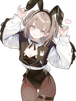 1girl absurdres animal_ears black_hairband black_jacket black_leotard breasts brown_eyes brown_hair brown_pantyhose cleavage commentary_request cowboy_shot detached_collar fake_animal_ears fake_tail fishnet_pantyhose fishnets grin hairband hands_up heart heart_o-ring highleg highleg_leotard highres jacket leotard long_sleeves looking_at_viewer medium_hair multicolored_jacket o-ring open_clothes open_jacket original pantyhose playboy_bunny rabbit_ears rabbit_tail side-tie_leotard simple_background skindentation small_breasts smile solo tail thigh_strap two-tone_jacket two_side_up white_background yamai_yurika