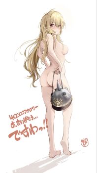 1girl alternate_hairstyle ass barefoot blonde_hair blush breasts commentary_request completely_nude feet full_body hair_down helmet highres holding holding_unworn_helmet long_hair luciana_de_montefio medium_breasts motorcycle_helmet nude pinjirooo red_eyes simple_background soles solo toes translation_request unworn_headwear unworn_helmet very_long_hair white_background zenless_zone_zero