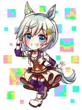1girl animal_ears blue_eyes blush bodice boots breasts chibi chibi_only choker collarbone commentary_request corset cropped_jacket ear_covers flower full_body garter_straps grey_hair grin hair_between_eyes hair_flower hair_ornament hairclip highres horse_ears horse_girl horse_tail jacket long_sleeves looking_at_viewer midriff_peek navel open_mouth overskirt pendant_choker purple_choker purple_garter_straps purple_thighhighs red_corset red_shorts seiun_sky_(umamusume) shirt short_hair shorts single_ear_cover small_breasts smile solo star_(symbol) starting_future_(umamusume) sugimotty_nova sunflower sunflower_hair_ornament tail teeth thighhighs umamusume umapyoi_densetsu white_boots white_jacket white_shirt wristband