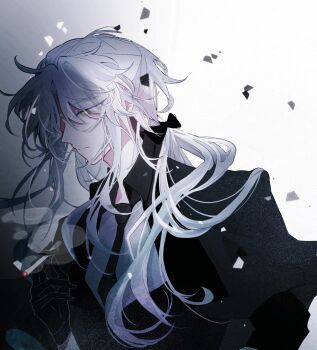 16personalities 1boy absurdres advocate_(16personalities) ahoge black_bow black_capelet black_gloves black_jacket black_necktie borrowed_design bow capelet chinese_commentary cigarette closed_mouth collared_shirt commentary contrast_collar curtained_hair expressionless eyes_visible_through_hair gloves gradient_background green_eyes grey_background hair_between_eyes hair_bow hair_over_shoulder highres holding holding_cigarette jacket long_hair long_sleeves looking_down low_ponytail necktie ponytail profile shards shirt smoke solo upper_body white_background white_hair white_shirt yecai_baozi