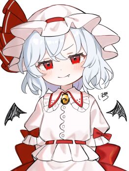 Rule 34 | 1girl, absurdres, arms behind back, back bow, bat wings, blue hair, blush, bow, closed mouth, collared shirt, commentary, cowboy shot, fang, fang out, frilled shirt collar, frills, hat, hat ribbon, highres, homura (homura me), looking at viewer, medium hair, mob cap, pink hat, pink shirt, pink skirt, red bow, red eyes, remilia scarlet, ribbon, shirt, signature, skirt, skirt set, sleeve bow, smile, solo, touhou, wings