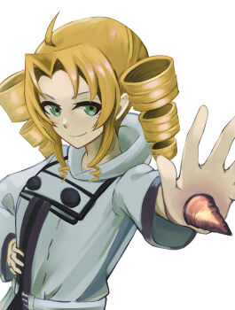 1girl absurdres ahoge blonde_hair breasts closed_mouth drill_hair genderswap genderswap_(mtf) geokinesis green_eyes grey_robe hand_on_own_hip highres hooded_robe looking_at_viewer medium_breasts medium_hair mushoku_tensei robe rudeus_greyrat shirai_kyushin simple_background smile solo twin_drills upper_body white_background