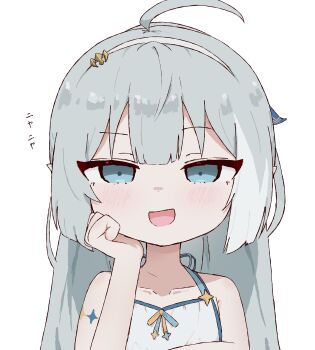 1girl :d absurdres ahoge bare_shoulders blue_eyes bona22666 commentary dot_nose dress female_tyrant_(stella_sora) grey_hair hairband highres long_hair looking_at_viewer open_mouth simple_background smile stella_sora tyrant_(stella_sora)