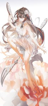 1girl absurdres bare_shoulders blush breasts brown_hair closed_mouth collarbone commentary dress eyelashes flower flower_ornament fork full_body hair_between_eyes hair_intakes highres holding holding_fork liquid long_hair looking_at_viewer multicolored_hair orange_eyes orange_flower original red_hair see-through_clothes sideboob sidelocks simple_background solo streaked_hair swkl:d symbol-only_commentary white_background white_dress