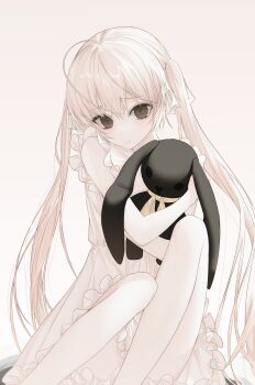 1girl absurdres ahoge black_eyes dress expressionless highres kasugano_sora long_hair looking_down sitting solo sorala_(artist) stuffed_animal stuffed_rabbit stuffed_toy twintails very_long_hair white_dress white_hair yosuga_no_sora