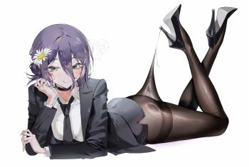 1girl ass black_choker black_jacket black_necktie black_pantyhose black_skirt chainsaw_man choker closed_mouth flower green_eyes grenade_pin hair_between_eyes hair_flower hair_ornament high_heels highres hooked_on_heel hoppang jacket lace_pantyhose_hooked_on_heel_(meme) lying meme necktie office_lady on_stomach pantyhose pantyhose_tug purple_hair reze_(chainsaw_man) shirt simple_background skirt smile solo suit_jacket the_pose white_background white_flower white_shirt