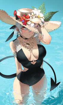 1girl absurdres alternate_costume arm_behind_back armband bare_shoulders berry black_armband black_choker black_horns black_nails black_tail blush bracelet choker closed_mouth collarbone covered_navel demon_girl demon_horns demon_tail earrings embarrassed eyelashes fingernails flower gaak11977 grey_hair hand_on_headwear hat hat_flower hat_over_one_eye helltaker highres horns horns_through_headwear jewelry long_eyelashes long_fingernails looking_at_viewer malina_(helltaker) nail_polish one-piece_swimsuit outdoors pink_flower pinky_ring red_eyes red_flower ring ripples sharp_fingernails short_hair solo sun_hat sweat swimsuit tail thumb_ring wading water white_flower