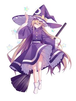 1girl absurdres blonde_hair bow broom chinese_commentary closed_mouth commentary_request crescent crescent_hat_ornament dress hat hat_bow hat_ornament highres holding holding_broom kirisame_marisa kirisame_marisa_(pc-98) long_hair long_sleeves minuo phantasmagoria_of_dim.dream purple_dress smile socks solo star_(symbol) touhou touhou_(pc-98) very_long_hair white_socks wide_sleeves witch_hat yellow_bow yellow_eyes