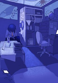 1girl absurdres against_wall black_hair black_hat black_skirt blue_theme book book_stack bottle bow cabinet chair closet commentary computer desk fish globe hair_bow hat highres indoors laptop leaning mat muraryo ocean octopus pen reflection short_hair sitting skirt solo table touhou unworn_headwear usami_renko water_bottle whale