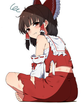 1girl blush bow brown_hair chest_sarashi clenched_teeth commentary_request defeat detached_sleeves frilled_bow frilled_hair_tubes frills hair_bow hair_tubes hakurei_reimu highres medium_hair necono_(nekonosora1207) red_bow red_eyes red_skirt ribbon-trimmed_sleeves ribbon_trim sarashi scratches shirt simple_background sitting skirt skirt_set solo squiggle tearing_up teeth torn_clothes torn_shirt torn_skirt touhou white_background