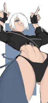 1girl angel_(kof) blue_eyes breasts female_focus hands_up huge_breasts idrawbadd large_breasts pale_skin panties short_hair smile smiley_face the_king_of_fighters thick_thighs thighs underwear white_hair