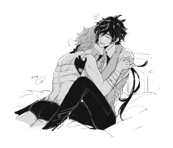 Rule 34 | 004s 4, 2boys, couple, cuddling, genshin impact, greyscale, hand on another's back, hand on another's shoulder, heart, hug, image sample, monochrome, multiple boys, on bed, pixiv, pixiv sample, shirtless male, smile, tartaglia (genshin impact), white background, yaoi, zhongli (genshin impact)