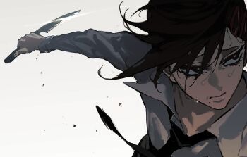 1girl absurdres black_hair chainsaw_man higashiyama_kobeni highres holding holding_knife kitchen_knife knife ma0ma0_0 necktie solo sweat white_background