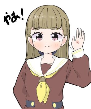 Rule 34 | 1girl, arm behind back, black bow, bow, braid, brown dress, brown hair, center-flap bangs, closed mouth, collarbone, commentary request, dress, hair bow, hasu no sora school uniform, kachimachi kosuzu, link! like! love live!, long sleeves, looking at viewer, love live!, neckerchief, pink eyes, sailor collar, sailor dress, school uniform, side braids, simple background, smile, solo, split mouth, tazaki masanobu, virtual youtuber, white background, white sailor collar, winter uniform, yellow neckerchief