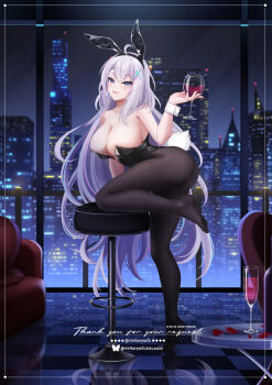 1girl ahoge animal_ear_hairband animal_ears bar_stool black_leotard black_pantyhose bluesky_username breasts champagne_flute commission cup drinking_glass ember_amane fake_animal_ears grey_hair hair_ornament hairband highres large_breasts leotard long_hair multicolored_hair night pantyhose phase_connect pink_hair playboy_bunny rabbit_ear_hairband rabbit_ears rabbit_tail red_petals rika_ryne sky solo stool strapless strapless_leotard streaked_hair tail twitter_username virtual_youtuber white_wrist_cuffs wrist_cuffs