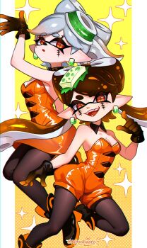 2girls :d :o bare_shoulders black_boots black_collar black_gloves black_hair black_pantyhose boots bow-shaped_hair breasts callie_(splatoon) callie_(splatoween)_(splatoon) cleavage collar commentary cross-shaped_pupils detached_collar dress earrings english_commentary facepaint fangs floating_hair gloves gradient_gloves gradient_hair grey_hair highres inkling jewelry jumpsuit long_hair marie_(splatoon) marie_(splatoween)_(splatoon) medium_hair mole mole_under_eye multicolored_hair multiple_girls nintendo official_alternate_costume open_mouth orange_boots orange_dress orange_eyes orange_gloves orange_hair orange_jumpsuit pantyhose pillarboxed pointy_ears ribonhaato short_jumpsuit small_breasts smile splatoon_(series) splatoon_3 stitched_face stitches strapless strapless_dress symbol-shaped_pupils tentacle_hair twintails two-tone_gloves