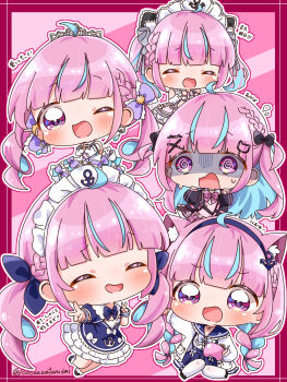 1girl :d ;d @_@ ^_^ ahoge anchor_hair_ornament anchor_print anchor_symbol animal_ears belt black_bow black_choker black_footwear black_jacket blazer blue_bow blue_bowtie blue_dress blue_footwear blue_hair blue_hairband blue_sailor_collar blue_skirt blunt_bangs blush border bow bowtie braid cat_ears check_commentary chibi chibi_only choker cleavage_cutout closed_eyes clothing_cutout colored_inner_hair commentary_request controller double_v dress dress_bow drill_hair elbow_gloves flying_sweatdrops frilled_dress frilled_gloves frilled_sailor_collar frills fukune_koko game_controller gloves hair_bow hair_ornament hairband half_up_braid high-waist_skirt high_belt highres holding holding_controller holding_game_controller hololive jacket light_blue_hair long_hair long_sleeves low_twin_braids maid maid_headdress minato_aqua minato_aqua_(1st_costume) minato_aqua_(8th_costume) minato_aqua_(aqua_iro_super_dream) minato_aqua_(sailor) minato_aqua_(school_uniform) miniskirt multicolored_hair multiple_views o-ring o-ring_choker official_alternate_costume official_alternate_hairstyle one_eye_closed open_clothes open_jacket open_mouth outside_border pantyhose pinafore_dress pink_background pink_bow pink_bowtie pink_dress pink_skirt pink_sweater plaid_bow plaid_bowtie plaid_clothes plaid_skirt pleated_skirt puffy_short_sleeves puffy_sleeves purple_bow purple_eyes purple_hair red_border ribbon_choker sailor_collar sailor_shirt school_uniform shirt shoes short_dress short_sleeves side_braids sidelocks skirt sleeveless sleeveless_dress smile split_mouth streaked_hair striped_background suspender_skirt suspenders sweat sweater tears tiara translation_request twin_braids twin_drills twintails twitter_username two-tone_hair underbust v very_long_hair virtual_youtuber white_bow white_dress white_gloves white_jacket white_pantyhose white_shirt wrist_cuffs x_hair_ornament