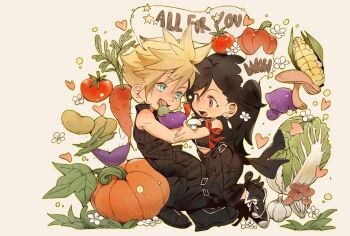 1boy 1girl 4k1030 absurdres apron arm_ribbon bare_shoulders black_apron black_hair black_pants black_shirt black_shorts blonde_hair blue_eyes carrot cloud_strife commentary corn earrings english_text final_fantasy final_fantasy_vii final_fantasy_vii:_advent_children flower food from_side full_body heart highres holding holding_food holding_vegetable jewelry long_hair looking_at_another mushroom open_mouth pants potato pumpkin red_eyes ribbon shirt short_hair shorts sleeveless sleeveless_shirt spiked_hair symbol-only_commentary tifa_lockhart tomato vegetable waist_apron white_flower