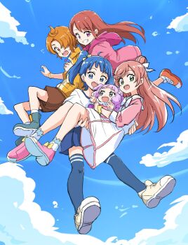 1boy 4girls baby blue_boots blue_eyes blue_hair blue_skirt blue_sky blue_thighhighs boots bow bracelet brown_hair brown_shorts carrying cloud commentary_request dress ellee-chan flying_sweatdrops green_eyes grin hair_bow hair_bun hair_over_one_eye highres hijiri_ageha hirogaru_sky!_precure hood hood_down hoodie jacket jewelry long_hair looking_at_another looking_at_viewer midair multiple_girls nijigaoka_mashiro open_mouth orange_eyes orange_hair orange_jacket orange_shoes pink_eyes pink_hair pink_hoodie pink_jacket pink_shoes pleated_skirt precure princess_carry purple_hair shirt shoes short_hair shorts side_ponytail skirt sky small_sweatdrop smile socks sora_harewataru thighhighs uraki white_bow white_dress white_shirt white_socks wristband yellow_shoes yuunagi_tsubasa