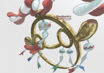 absurdres chimecho closed_mouth commentary gen_3_pokemon grey_background happy highres mega_chimecho nashimochi_4 nintendo no_humans pokemon pokemon_(creature) pokemon_focus simple_background smile solo symbol-only_commentary twitter_username watermark yellow_eyes