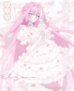 Rule 34 | 1girl, blush, breasts, character name, cleavage, commentary request, diamond-shaped pupils, diamond (shape), dress, elysia (herrscher of human: ego) (honkai impact), elysia (honkai impact), food, gloves, heart, highres, holding, holding food, holding ice cream, honkai (series), honkai impact 3rd, ice cream, kanaria (mint tea1256), large breasts, long hair, looking at viewer, pink hair, purple eyes, solo, symbol-shaped pupils, very long hair, white dress, white gloves