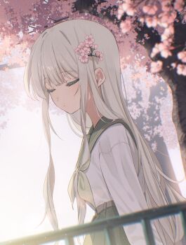 1girl absurdres backlighting belt blurry blurry_foreground branch cherry_blossoms chromatic_aberration closed_eyes closed_mouth commentary day dot_mouth dot_nose expressionless film_grain flower from_side green_neckerchief green_sailor_collar green_skirt grey_belt hair_branch hair_flower hair_ornament high-waist_skirt highres light_particles long_hair long_sidelocks long_sleeves neckerchief original pink_flower pleated_skirt railing rinzawa sailor_collar sailor_shirt school_uniform serafuku shirt shirt_tucked_in sidelocks skirt solo straight_hair symbol-only_commentary three-quarter_sleeves tree u_u under_tree very_long_hair white_hair white_shirt winter_uniform