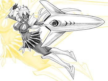 01leteo 1girl bleach breasts collarbone commentary dark-skinned_female dark_skin english_commentary espada facial_mark female_focus full_body holding holding_weapon large_breasts medium_hair resurreccion simple_background skirt tier_harribel underboob weapon white_background