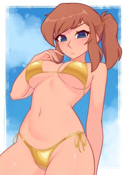 1girl a_hat_in_time absurdres aged_up bare_shoulders bikini blue_background blue_eyes breasts brown_hair closed_mouth commentary cowboy_shot english_commentary gold_bikini hair_tie hat_kid highres looking_at_viewer navel ponytail side-tie_bikini_bottom sidelocks solo swimsuit xyronii