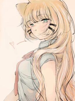 1girl :t animal_ears blonde_hair blue_eyes breasts cat_ears from_side hashtag-only_commentary heart highres jiuso0 long_hair looking_at_viewer millie_parfait multicolored_hair nijisanji nijisanji_en orange_hair shirt small_breasts solo streaked_hair very_long_hair virtual_youtuber white_shirt