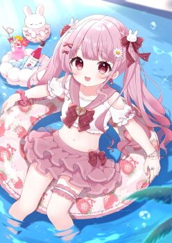 1girl :d blush bow bow_skirt bracelet braid breasts commentary_request cowboy_shot crop_top drink earrings feet_out_of_frame flower_hairpin frilled_shirt frilled_skirt frilled_thigh_strap frills hair_bow hair_ornament heart heart-shaped_pupils highres indie_virtual_youtuber itsuki_arisa jewelry juice looking_at_viewer nail_art navel on_innertube open_mouth petite pink_eyes pink_hair pink_skirt print_innertube rabbit red_bow ring sailor_collar scrunchie second-party_source shirt short_sleeves side_braids sidelocks skirt small_breasts smile solo symbol-shaped_pupils thigh_strap twintails virtual_youtuber water wavy_hair white_shirt wrist_scrunchie yurufuwa_milk