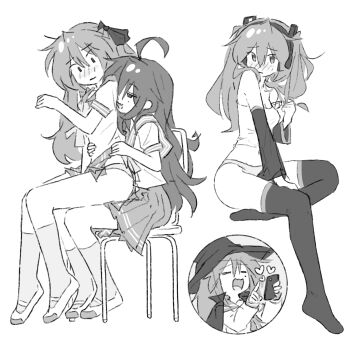 2girls ahoge black_socks blush cape constricted_pupils cosplay detached_sleeves hair_ribbon hands_on_another&#039;s_hips hat hatsune_miku hatsune_miku_(cosplay) heart highres hiiragi_kagami holding holding_phone hug hug_from_behind izumi_konata long_hair lucky_star mole mole_under_eye multiple_girls phone ribbon ryouou_school_uniform school_uniform simple_background sitting sitting_on_person skirt socks truffleduster twintails white_background witch_hat yuri