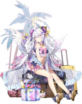 1girl azusa_(blue_archive) azusa_(swimsuit)_(blue_archive) bag bare_shoulders bead_necklace beads between_legs bikini blue_archive blue_bow blush book bow bow_bikini brown_sandals charm_(object) closed_mouth dot_mouth feathered_wings female_focus flower footwear_bow frilled_bikini frills full_body game_asset hair_between_eyes hair_flower hair_ornament halo hand_between_own_legs handbag jewelry knees_together_feet_apart large_variant_set legs light_blush long_hair looking_at_viewer namyo navel necklace official_art palm_tree peroro_(blue_archive) pink_bow purple_eyes purple_flower rolling_suitcase ruffle_bikini sandals see-through_clothes see-through_sleeves shoe_soles sidelocks sitting sitting_on_object solo sticker strapless strapless_bikini suitcase swimsuit tachi-e thighs third-party_source transparent_background transparent_bag tree v-shaped_eyebrows variant_set very_long_hair white_hair white_wings wing_ornament wings yellow_bow yellow_halo
