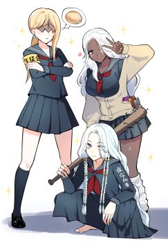 Rule 34 | 3girls, :/, absurdres, alternate costume, alternate hairstyle, anpan, arm up, armband, baseball bat, black eyes, black skin, blindfold mask, blue eyes, blue sailor collar, blue serafuku, blue skirt, blue socks, blush, braid, breasts, collarbone, colored skin, commentary request, crossed arms, delinquent, doll joints, duchess (elden ring), earrings, elden ring, elden ring nightreign, eye mask, eyes visible through hair, food, forehead, gyaru, hair over one eye, highres, holding, holding baseball bat, jewelry, joints, kneehighs, large breasts, leg warmers, light smile, long hair, long sidelocks, long skirt, long sleeves, low twin braids, mary janes, mask, multiple girls, nail (hardware), nail bat, neckerchief, nijiomu, no shoes, one eye closed, pale skin, parted bangs, pleated skirt, ponytail, recluse (elden ring), red neckerchief, revenant (elden ring), sailor collar, school uniform, serafuku, shadow, shoes, sidelocks, simple background, single sidelock, skirt, slav squatting, small breasts, socks, sparkle, speech bubble, squatting, sukeban, thought bubble, twin braids, v, very long hair, wavy hair, white background, white hair, white leg warmers, wink heart, yellow armband