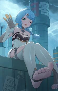 1girl absurdres ahoge aqua_hair black_bra blush bodysuit bra braid breasts clothing_cutout elbow_gloves flower_hairpin gloves gomashiwo_o green_eyes highres long_hair one_eye_closed open_mouth see-through_clothes seed_(zenless_zone_zero) sitting small_breasts smile solo strapless strapless_bra thigh_cutout underwear white_bodysuit zenless_zone_zero