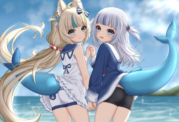 2girls :3 absurdres ahoge animal_ear_fluff animal_ears ass azunyart beach bike_shorts black_shorts blonde_hair blue_eyes blue_jacket blue_nails blue_sailor_collar blue_sky blue_streaks blue_trim blunt_bangs blush cat_ears closed_mouth clothes_lift cowboy_shot day dot_nose dress dress_lift fang fins fish_girl fish_tail frilled_dress frilled_sailor_collar frills from_behind gawr_gura gawr_gura_(1st_costume) grey_hair hair_ornament highres holding_hands hololive hololive_english holomyth hood hoodie indie_virtual_youtuber jacket lifebuoy_hair_ornament loli long_hair long_twintails looking_at_viewer low_twintails multicolored_hair multiple_girls notched_tail ocean open_mouth outdoors sailor_collar sameko_saba sameko_saba_(1st_costume) shark_girl shark_hair_ornament shark_tail sharp_teeth short_twintails shorts side-by-side single_hair_streak sky smile standing streaked_hair tail teeth thighs twintails virtual_youtuber voice_actor_connection white_dress white_hair white_shorts