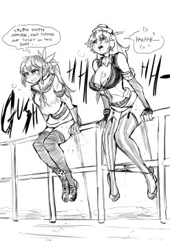 2girls absurdres akebono_(kancolle) angry biku boat breasts cleavage english_text full_body garter_straps greyscale highres iowa_(kancolle) kantai_collection knees_together_feet_apart large_breasts legs_together medium_breasts monochrome multiple_girls outdoors panties panty_pull peeing peeing_together ponytail profanity railing ship shoes simple_background sitting speech_bubble thighhighs underwear watercraft white_background