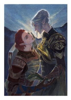 Rule 34 | 2girls, absurdres, armor, baldur's gate, baldur's gate 3, blood, blood on face, blue background, border, bracer, breastplate, chinese commentary, commentary request, cowboy shot, elbow gloves, eye contact, face-to-face, from side, gloves, green eyes, green gloves, hair bun, hand on another's face, hand up, highres, instrument on back, lemonfishcann, looking at another, minthara, multiple girls, parted lips, pauldrons, pointy ears, profile, red eyes, red hair, short hair, shoulder armor, single hair bun, standing, tav (baldur's gate), white border, white hair, yuri