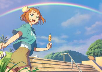 1girl :d ahoge animal animal_ears aqua_hoodie blue_sky brown_hair brown_shorts cojibou commentary_request cowboy_shot cropped_hoodie dango fake_animal_ears food green_eyes holding holding_food hood hood_down hoodie minamimi-san mitarashi_dango open_mouth original outdoors palm_tree rainbow shirt short_hair short_sleeves shorts sky smile solo stairs teeth tree upper_teeth_only wagashi white_shirt wombat