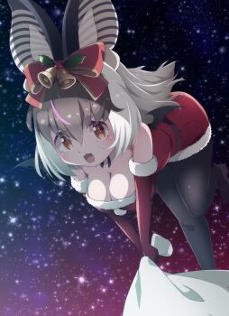 1girl animal_ears bat_ears bat_girl bat_wings bell breasts brown_eyes brown_hair brown_long-eared_bat_(kemono_friends) christmas christmas_present cleavage dress drias extra_ears gift grey_hair highres kemono_friends kemono_friends_v_project large_breasts long_hair looking_at_viewer multicolored_hair ribbon santa_costume santa_dress sky solo star_(sky) starry_sky streaked_hair virtual_youtuber wings
