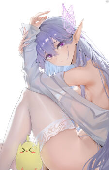 >_< 1girl absurdres albion_(a_fairy-tale_breakfast)_(azur_lane) albion_(azur_lane) ass azur_lane bra breasts bug butterfly butterfly_hair_ornament commentary english_commentary grey_hair hair_ornament highres insect kuuhaku_(pskf2372) lace lace-trimmed_thighhighs lace_trim large_breasts long_hair long_pointy_ears long_sleeves manjuu_(azur_lane) official_alternate_costume pointy_ears purple_butterfly purple_eyes see-through_bra see-through_butterfly see-through_clothes see-through_hair_ornament see-through_thighhighs simple_background sitting solo string_bra thighhighs thighs underwear white_background white_bra white_thighhighs