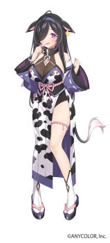 1girl ahoge animal_ears animal_print bare_shoulders belt_collar black_collar black_hair black_sandals blush braid breasts cleavage_cutout clothing_cutout collar colored_inner_hair copyright_notice cow_ears cow_girl cow_print cow_tail detached_sleeves ear_tag finger_to_mouth full_body hair_over_one_eye hair_ribbon hairband highres japanese_clothes kimono large_breasts long_hair long_sleeves looking_at_viewer mole mole_under_eye multicolored_hair nijisanji obi obijime official_art okobo one_eye_covered open_mouth parted_bangs pink_ribbon platform_sandals popqn print_kimono purple_eyes purple_hair purple_hairband purple_sleeves ribbon ribbon-trimmed_sleeves ribbon_trim sandals sash see-through_cleavage see-through_clothes side_braid side_slit sidelocks simple_background single_braid smile socks solo standing streaked_hair tabi tail tassel thigh_strap virtual_youtuber white_background white_socks wide_sleeves yagyu_shino
