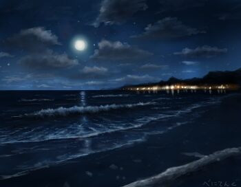 beach blue_sky city_lights cloud commentary_request full_moon highres horizon melonpan_(mygw4732) moon mountainous_horizon night no_humans ocean original outdoors scenery sky star_(sky) watermark waves