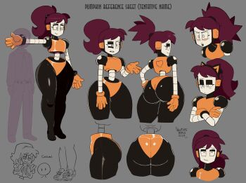 1girl absurdres ass back blush flustered highres huge_ass humanoid_robot metal_skin newtype_hero open_mouth original ponytail reference_sheet robot robot_girl size_comparison smile solo tagme thick_thighs thighs