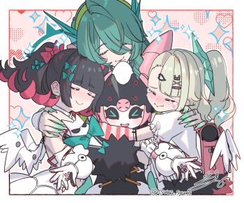 Rule 34 | > <, 4girls, :d, angels of delusion, aria (zenless zone zero), arm garter, arm warmers, bandaid, bandaid hair ornament, bare shoulders, black hair, black sclera, black skirt, blush, border, cecilia (zenless zone zero), closed mouth, colored sclera, commentary request, detached sleeves, dress, fins, frilled sleeves, frills, fur-trimmed skirt, fur-trimmed sleeves, fur trim, green hair, green hairband, green halo, group hug, hair between eyes, hair ornament, hairband, halo, head fins, heart, heart hair ornament, heart print, highres, hug, humanoid robot, isuka, mole, mole under mouth, multicolored hair, multiple girls, multiple hair clips, nangong yu, open mouth, pink arm warmers, pink background, pink bag, ponytail, robot, robot girl, shirt, single hair intake, skirt, smile, sparkle, striped arm warmers, sunna (zenless zone zero), tears, twitter username, white border, white dress, white shirt, white wings, winged bag, wings, xd, zenless zone zero