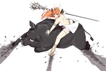 1girl akira_slide armlet bare_shoulders boar bracelet breasts circe_(fate) commentary dress english_commentary fate/grand_order fate_(series) green_eyes head_wings highres jewelry long_hair looking_at_viewer medium_breasts monkey_jon orange_hair platform_sandals pointy_ears riding sandals smile solo staff thighlet white_dress wings