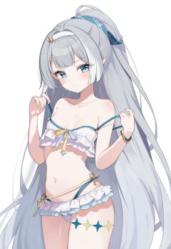 1girl absurdres aqua_eyes bare_shoulders bikini blush breasts closed_mouth cowboy_shot double-parted_bangs female_tyrant_(stella_sora) female_tyrant_(swimsuit)_(stella_sora) fluffy_hair frilled_bikini frills grey_hair hairband highres loli long_hair looking_at_viewer multi-strapped_bikini_bottom multicolored_hair navel nipple_slip nipples pointy_ears shirokuma_(zeroillya) simple_background small_breasts solo standing stella_sora stomach strap_pull streaked_hair swimsuit two-tone_bow tyrant_(stella_sora) very_long_hair white_background white_bikini white_hairband wide_ponytail