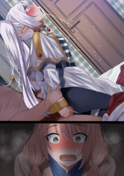 1boy 1girl blush bound bound_arms breasts clothed_female_nude_male clothed_sex cosplay frieren_(cosplay) fumihiko_(fu_mihi_ko) hetero highres inui_sajuna inui_shinju long_hair nude peeking pointy_ears restrained saliva sex sex_from_behind small_breasts sono_bisque_doll_wa_koi_wo_suru sousou_no_frieren vaginal voyeurism white_hair