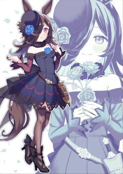 1girl animal_ears bare_shoulders black_thighhighs blue_dress blue_flower blue_hat blue_rose blush breasts brown_hair closed_mouth dagger dress fascinator flipped_hair flower fur_choker hair_over_one_eye hat hat_flower high_heels highres holding holding_flower horse_ears horse_girl horse_tail knife long_hair long_sleeves looking_at_viewer off-shoulder_dress off_shoulder purple_eyes rice_shower_(rosy_dreams)_(umamusume) rice_shower_(umamusume) rose sheath sheathed shiroiro_en small_breasts smile tail thighhighs tilted_headwear umamusume weapon