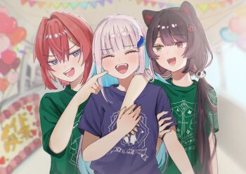 3girls :d ange_katrina animal_ears animal_hair_ornament arm_around_shoulder balloon blue_eyes blue_hair blunt_bangs blurry blurry_background blush brown_hair cheek_poking closed_mouth colored_inner_hair commentary_request dog_ears dog_girl eyelashes fangs flower gradient_eyes green_shirt group_picture hair_between_eyes hair_flower hair_intakes hair_ornament hands_up heart_balloon heterochromia highres holding_another's_arm holding_hands indoors inui_toko laughing lize_helesta long_hair looking_at_another looking_to_the_side low_twintails medium_hair multicolored_eyes multicolored_hair multiple_girls nijisanji nijisanji_fes_t-shirt nose_blush open_mouth pink_hair poking print_shirt purple_eyes purple_shirt red_eyes red_hair risu_kkoch sanbaka_(nijisanji) school_festival shirt short_sleeves sidelocks smile t-shirt teasing teeth twintails two-tone_hair very_long_hair virtual_youtuber yellow_eyes